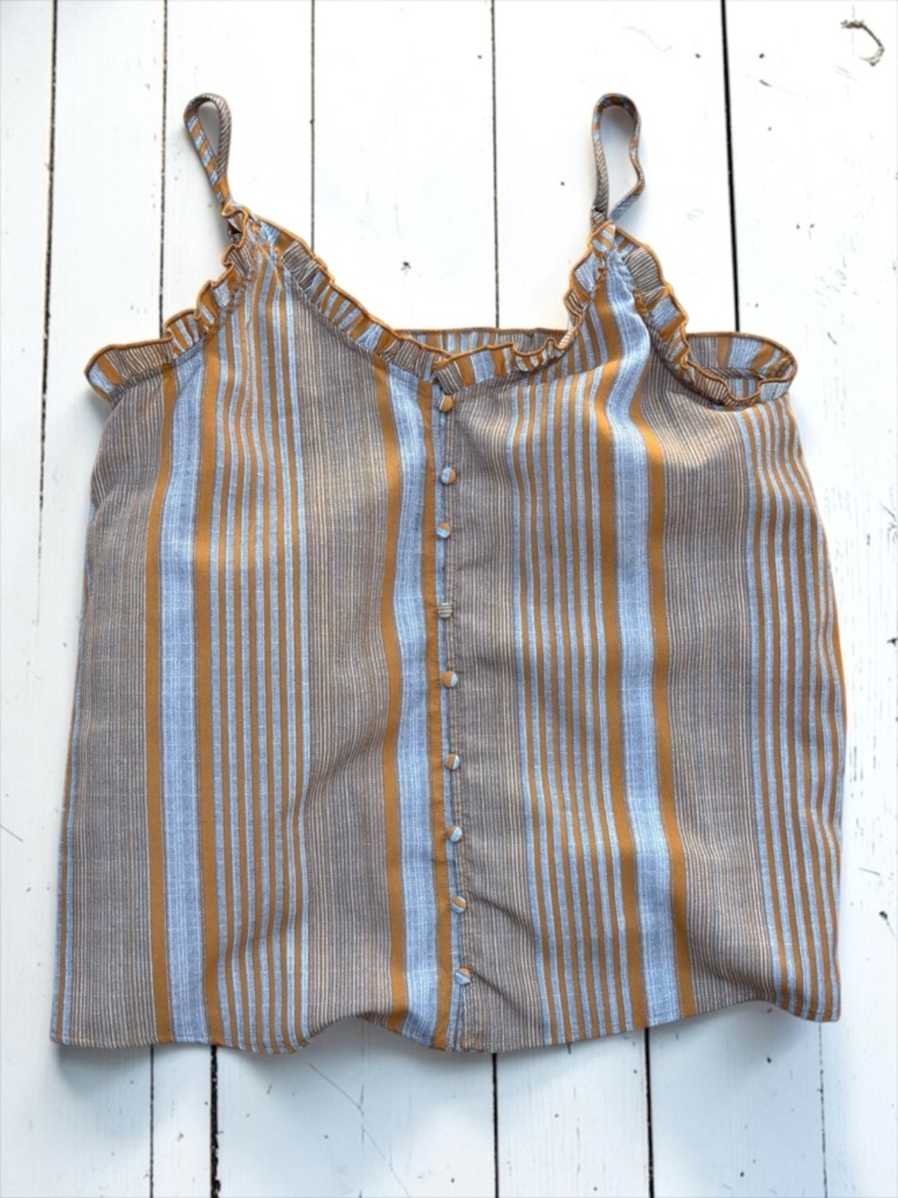 Entro Rust Gray Striped Tank Top Large Button Front Ruffle Boho Chic
